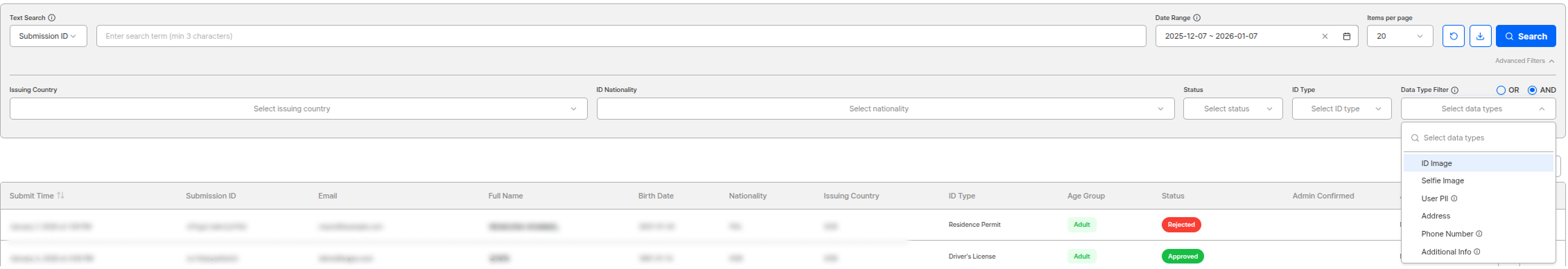 Submission list screen
