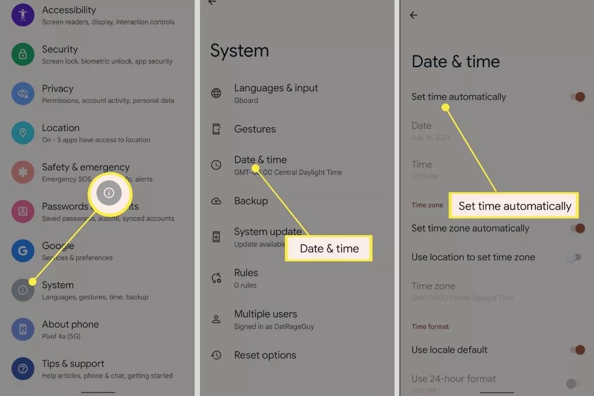 Android Settings app highlighting the Date & Time menu location