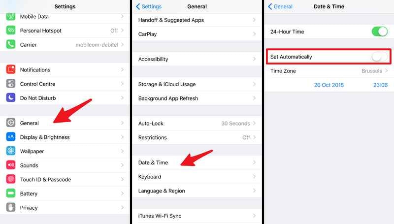 iOS Settings showing the General and Date & Time options