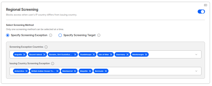 Regional pre-screening exception settings