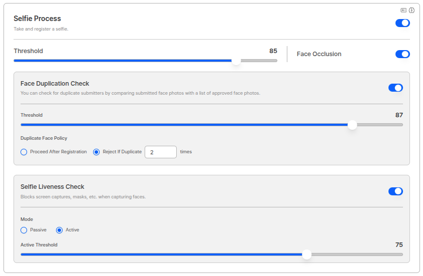 Selfie process settings