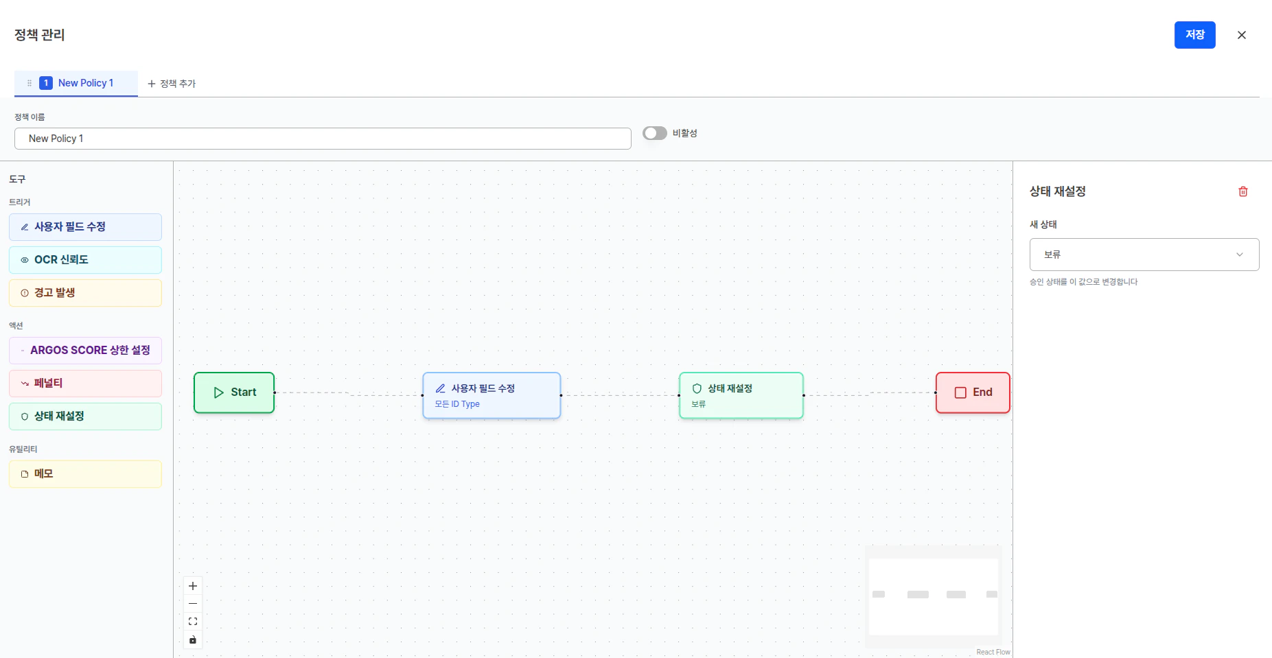 정책 편집기 화면 - Start에서 트리거, 액션을 거쳐 End까지의 플로우