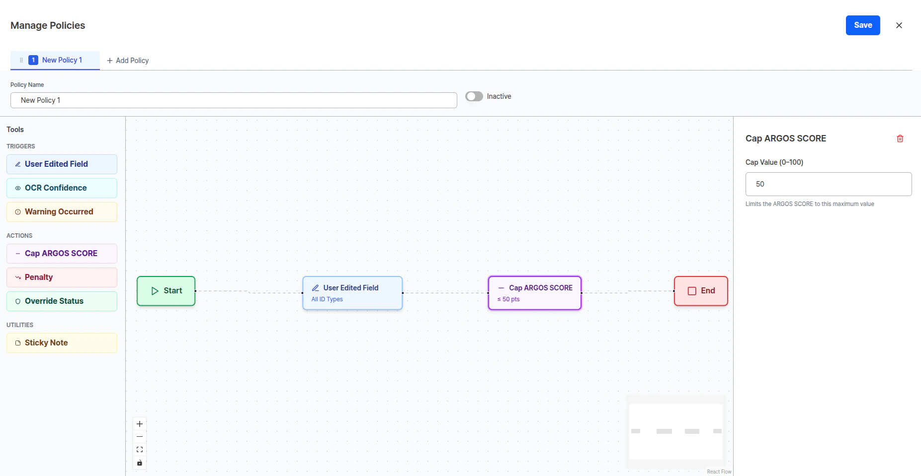Pantalla del policy editor - flujo desde Start a través de trigger y action hasta End
