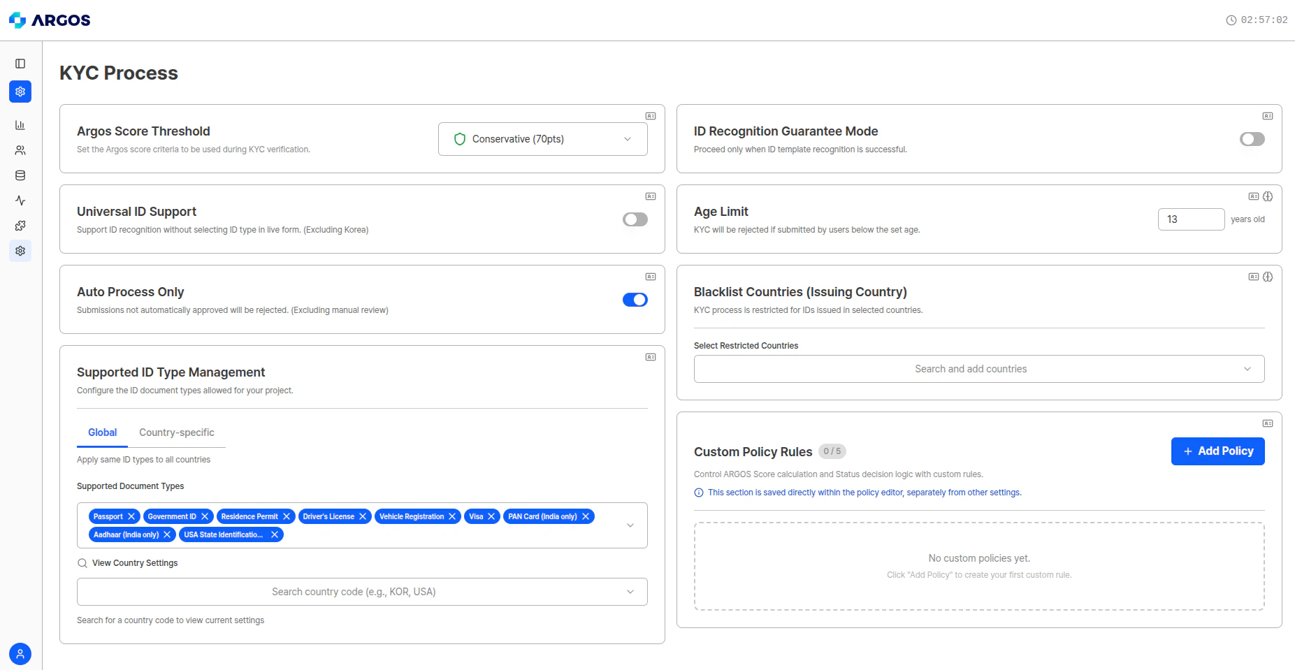 Configuración de Custom Policy Rules - ubicada en la parte inferior de la página KYC Process