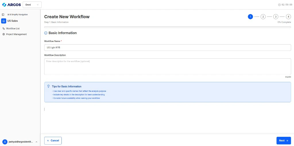 Workflow creation Step 1 - Basic info
