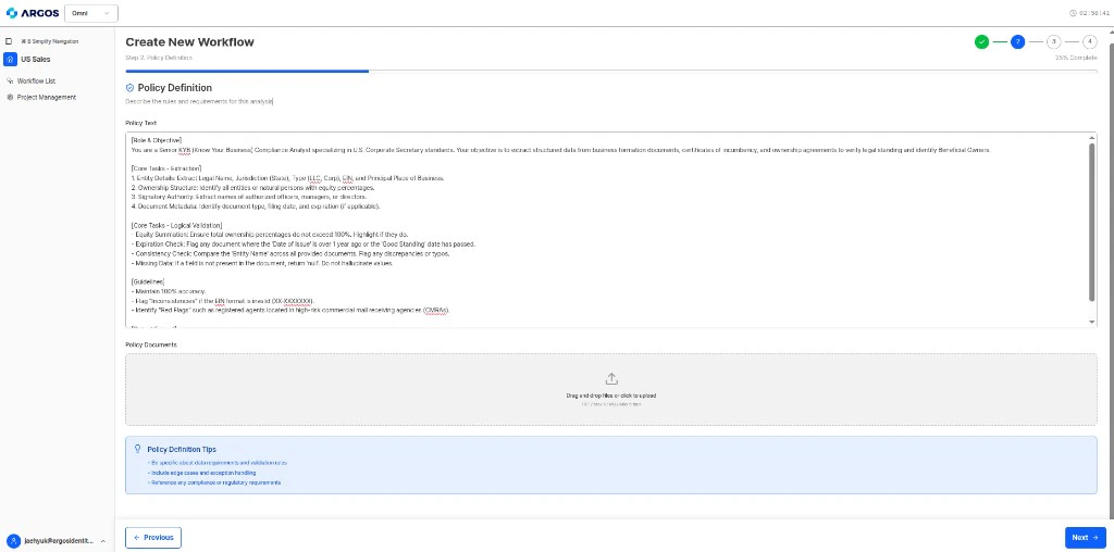 Workflow creation Step 2 - Policy definition