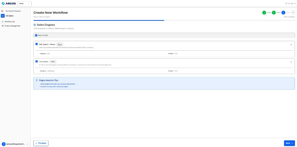 Workflow creation Step 3 - Engine selection