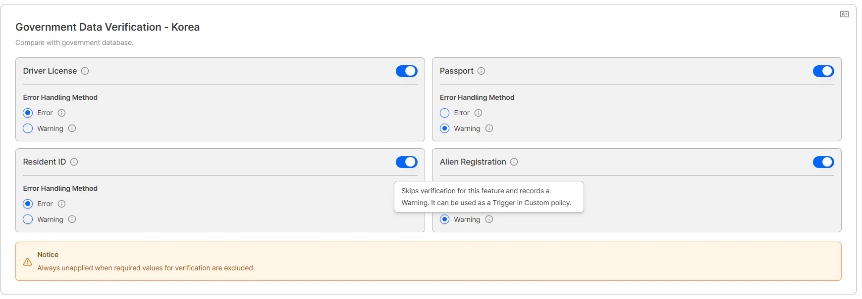 Government data verification settings