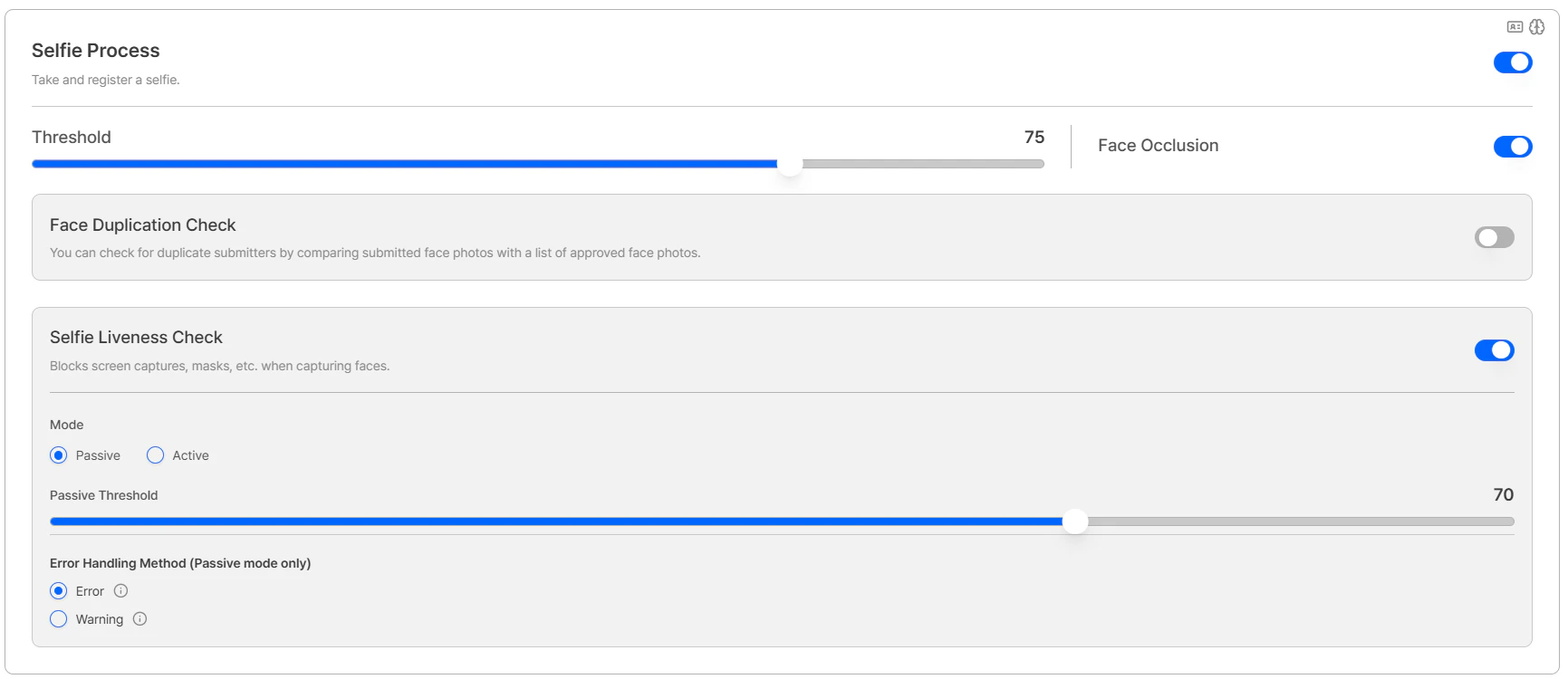 Selfie process settings