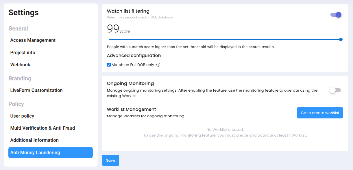 AML Feature Settings