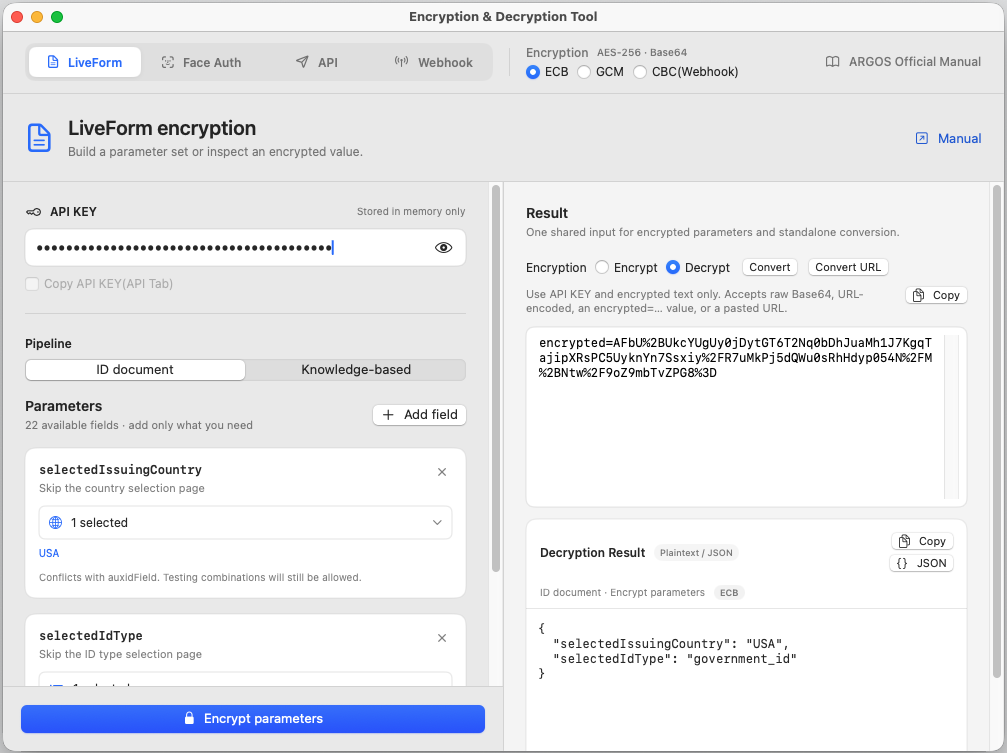 LiveForm 탭 — 파라미터를 조립해 encrypted 값을 만듭니다