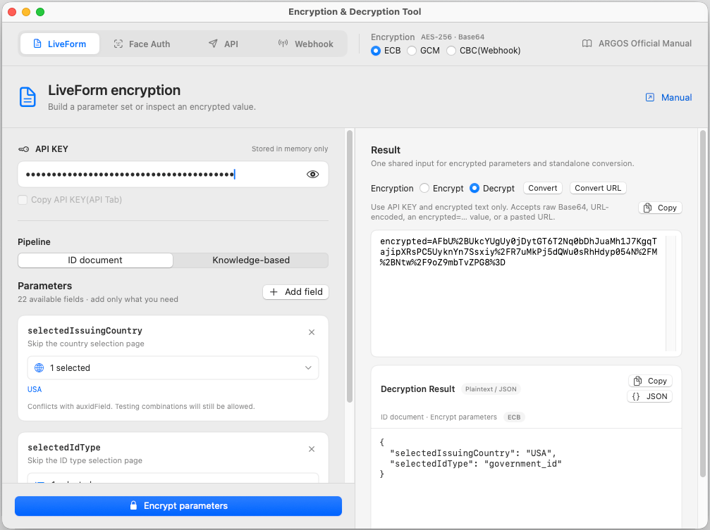 LiveForm 탭 — 파라미터를 조립해 encrypted 값을 만듭니다
