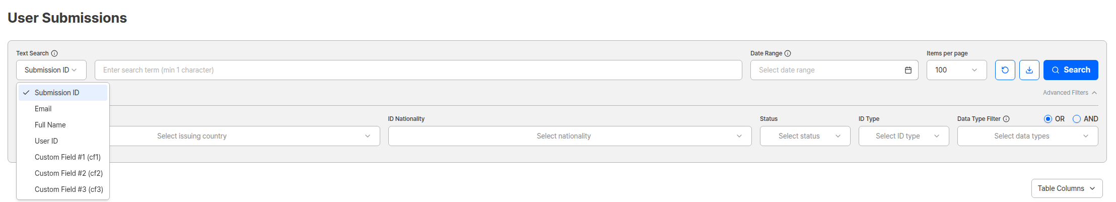 Text search criterion dropdown