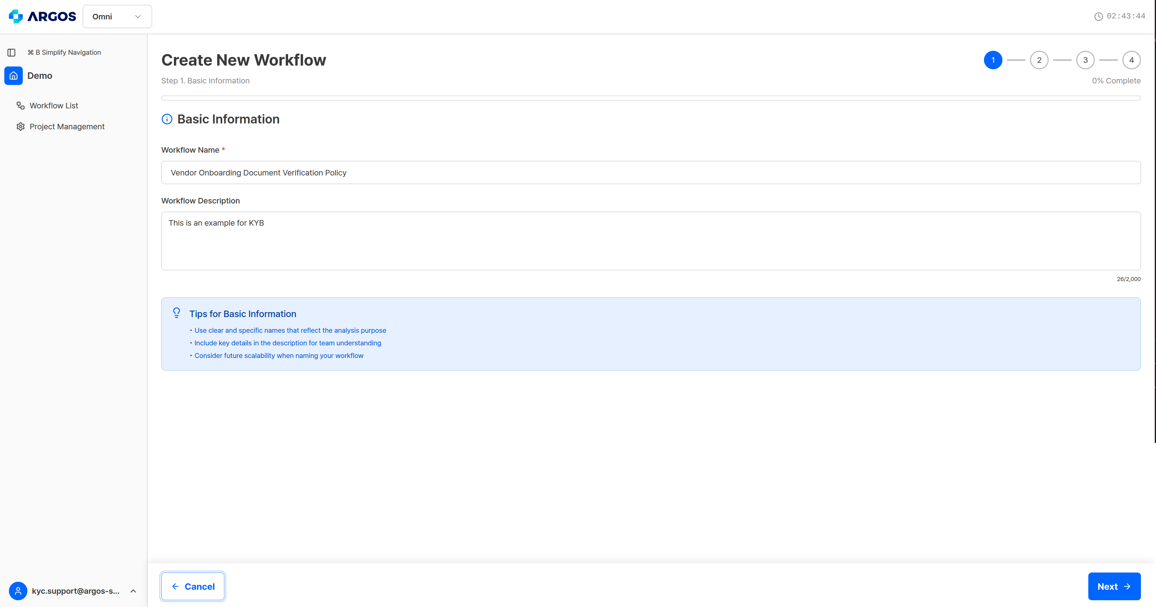 Workflow creation step 1, basic information