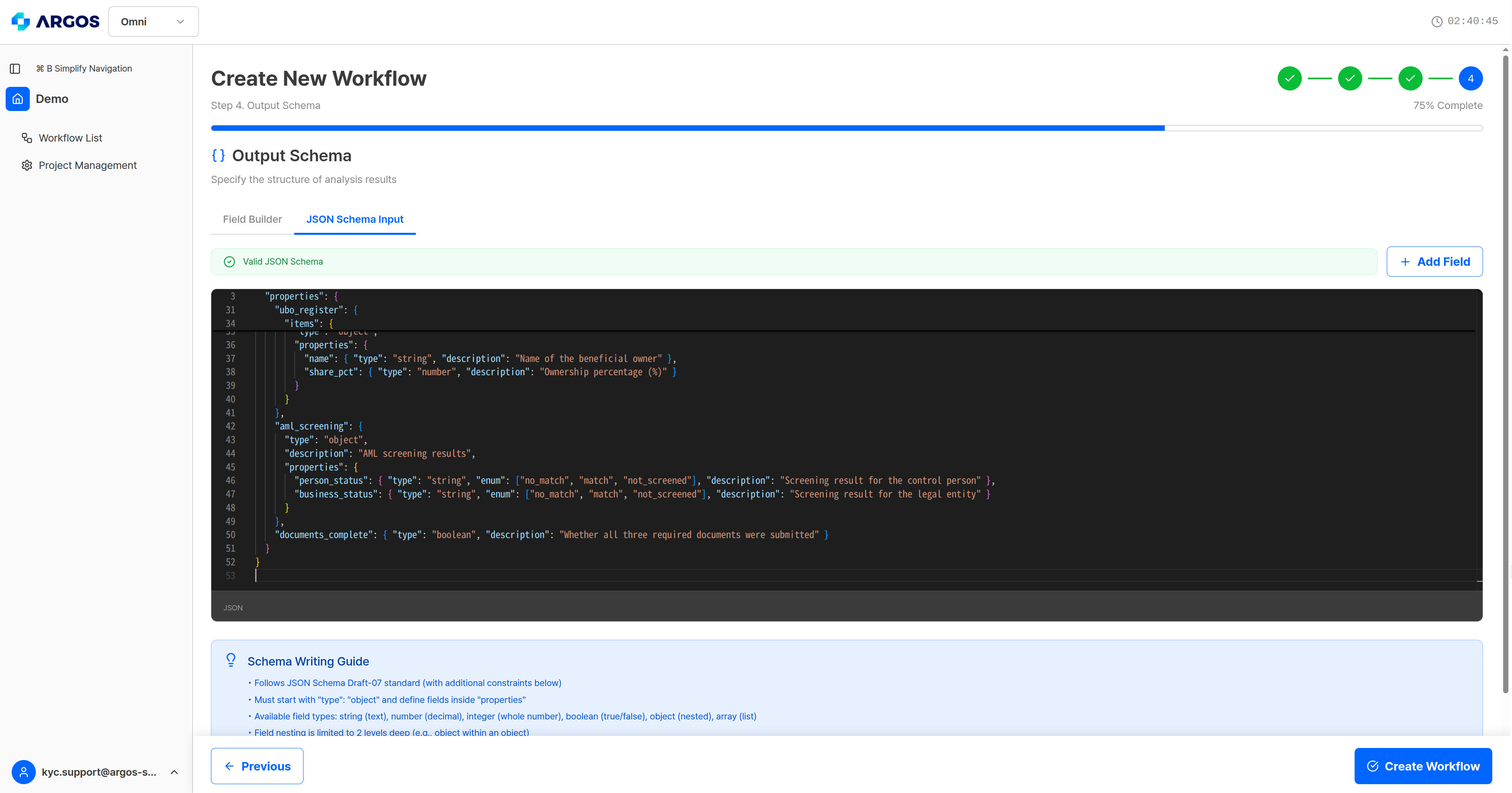 Workflow creation step 4, JSON Schema Input