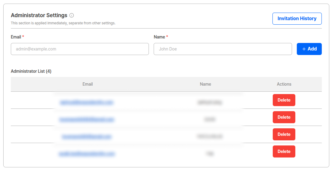 Administrator settings screen for adding administrators by email and name
