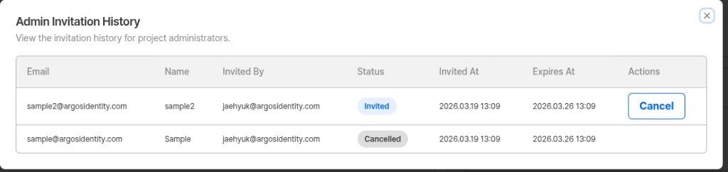 Admin invitation history modal showing invitation statuses