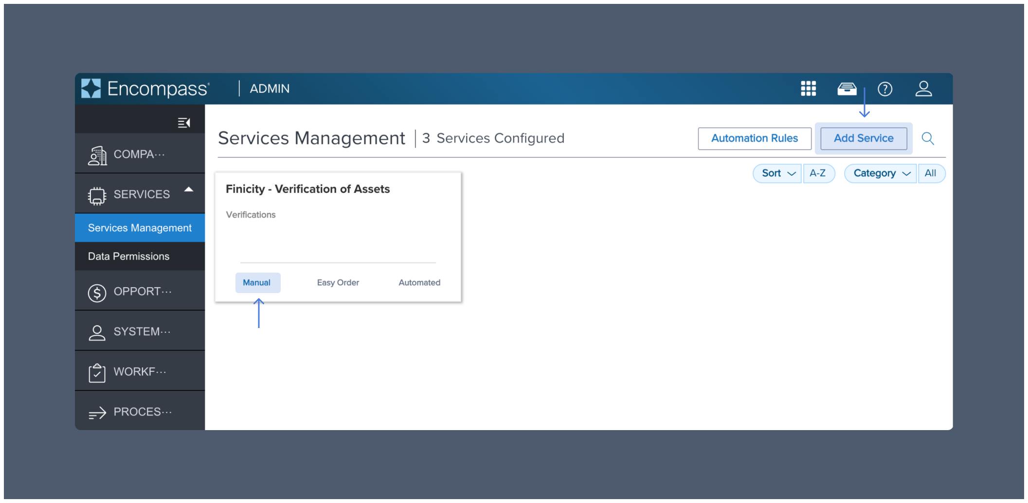 Add Finicity as an asset verification provider within the Services Management tab.