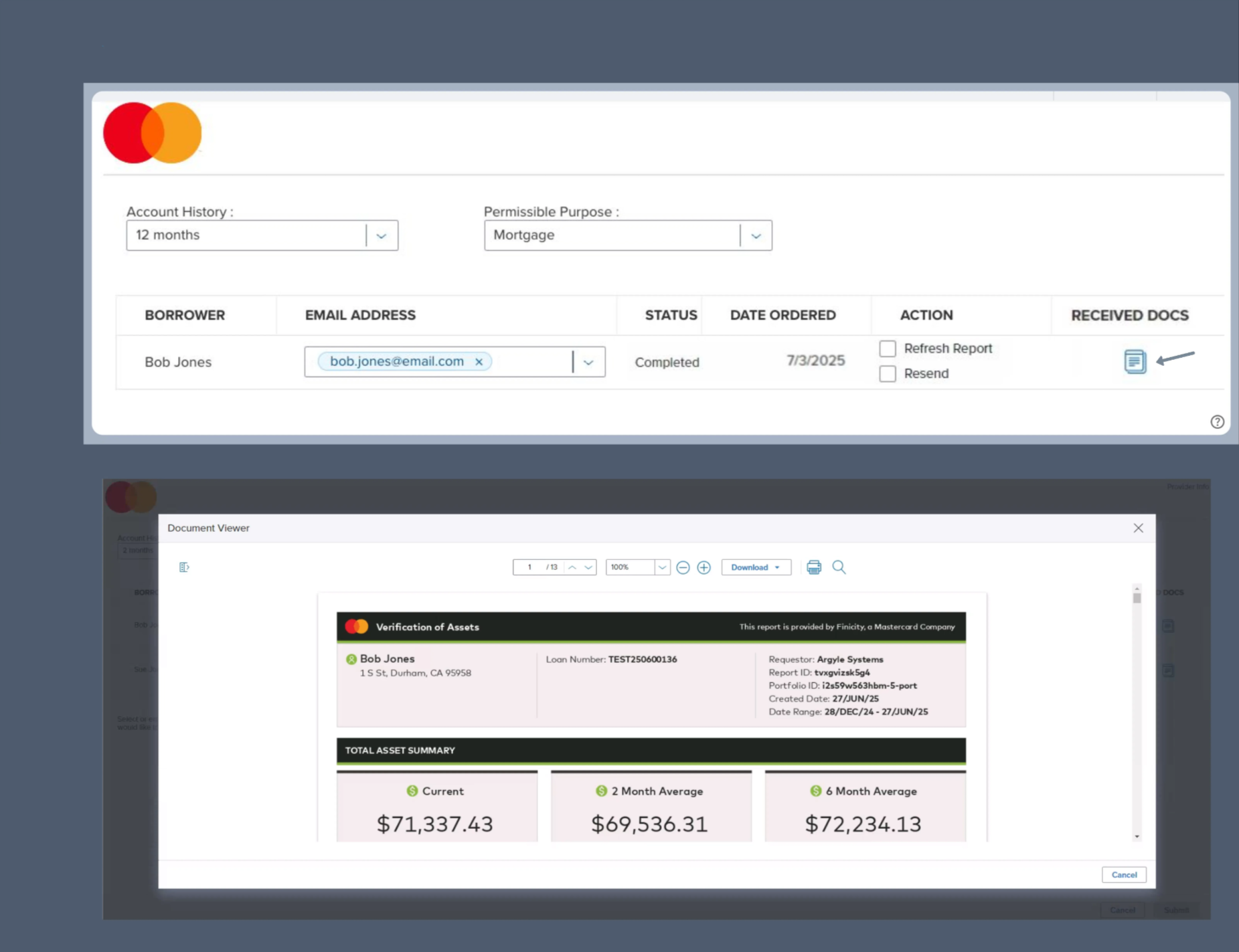 View and download verification of asset reports within Encompass.