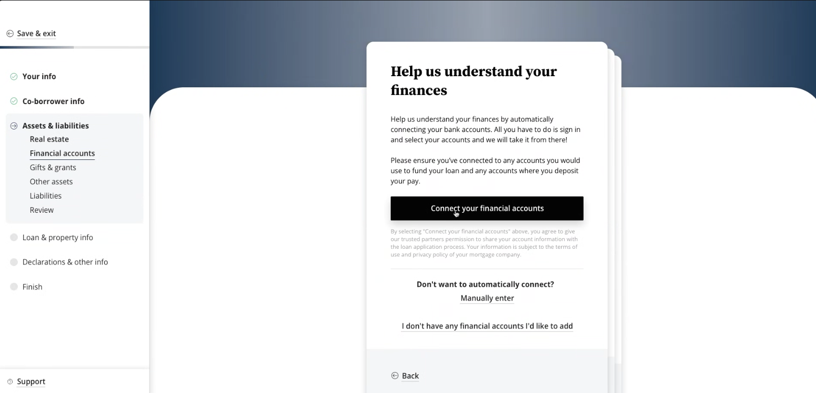 Connect financial accounts within the assets and liabilities section of the nCino application.