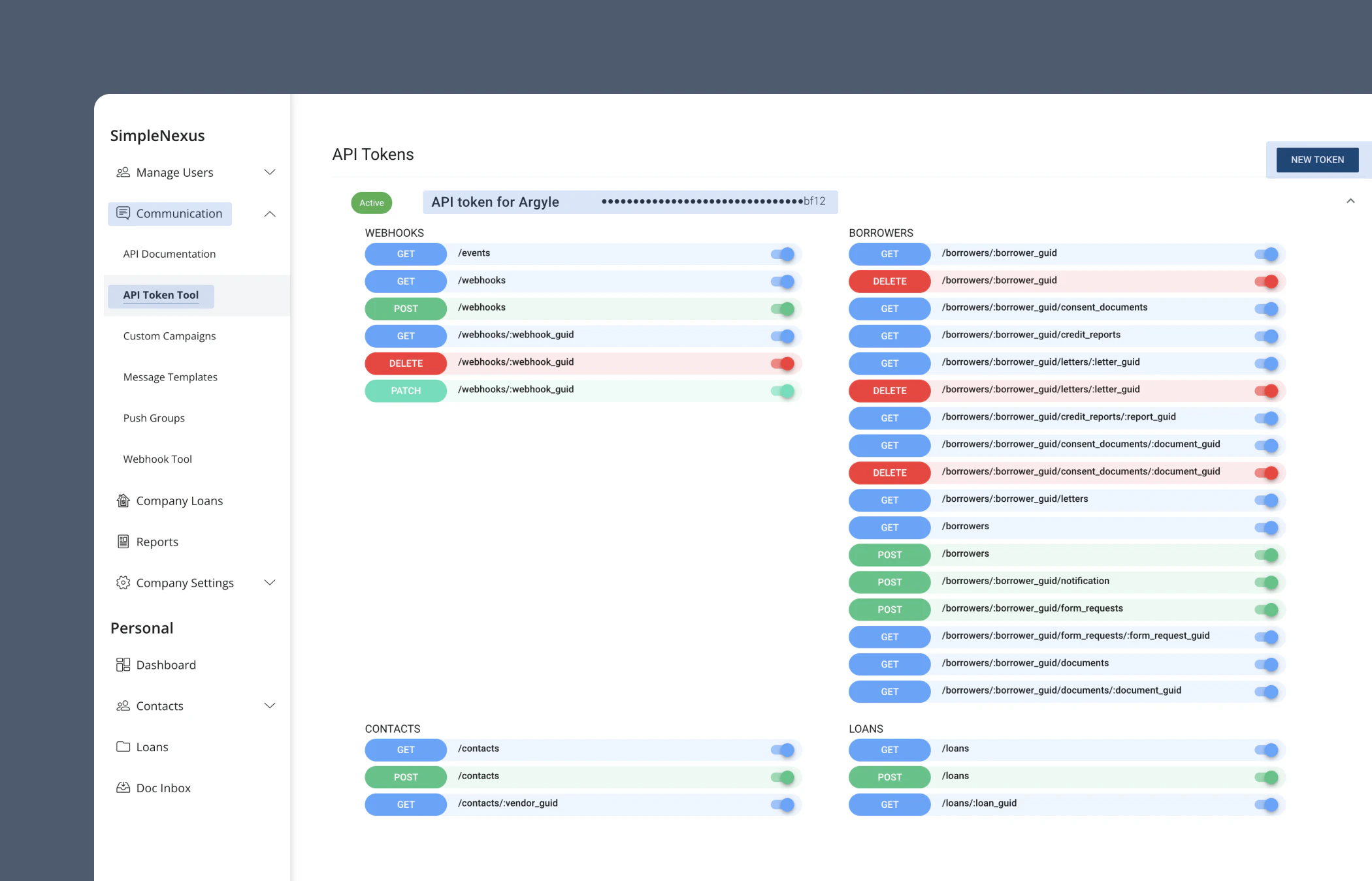 Create an API token in SimpleNexus to be used with Argyle.