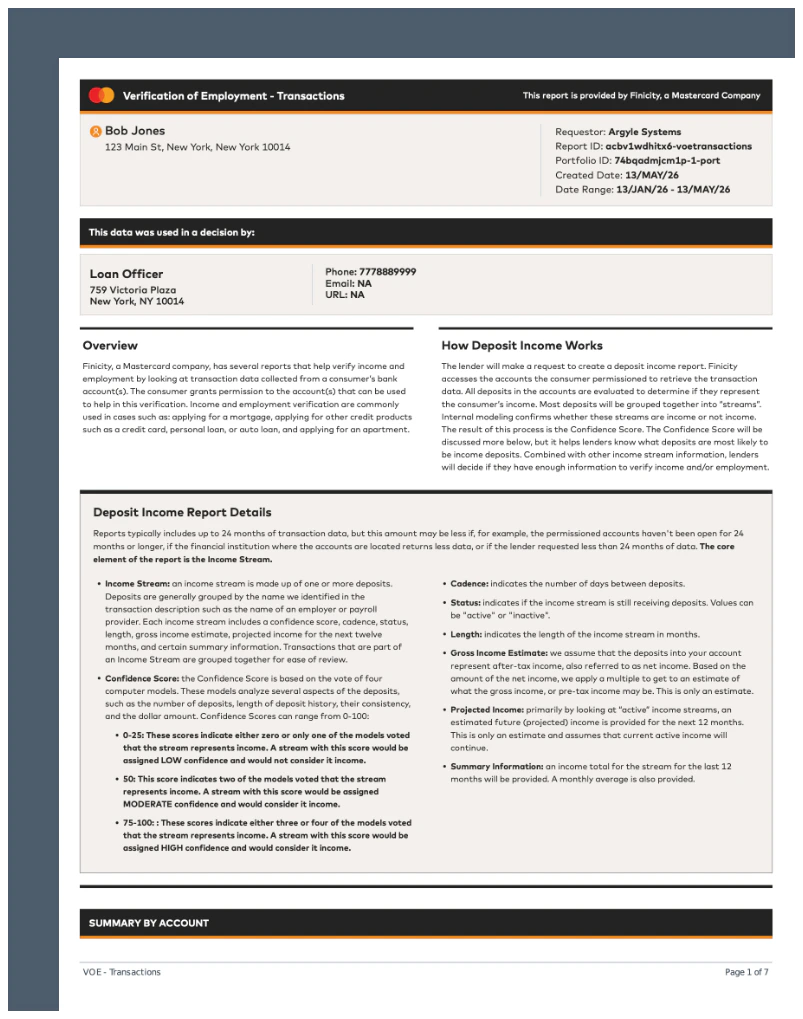 Image of Verification of Employment (Banking VOE) banking report.