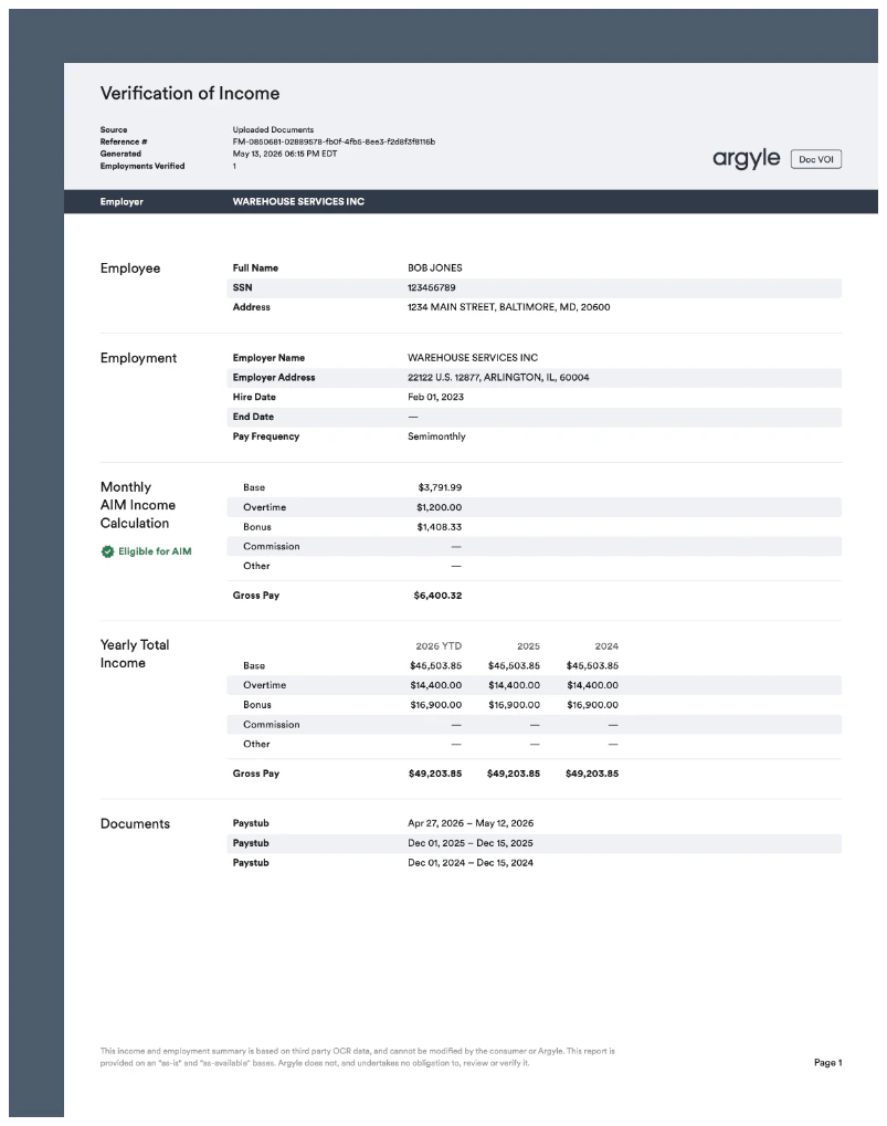 Image of Verification of Income (Doc VOI) report.