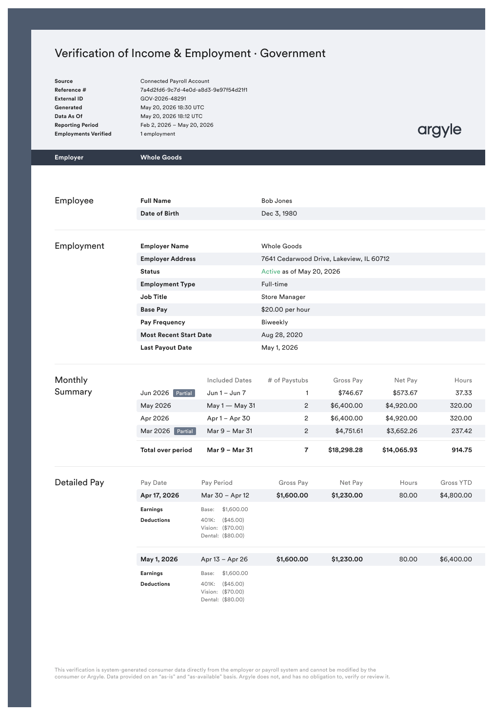 Image of Argyle's Verification of Income and Employment (Government Payroll VOIE) report.