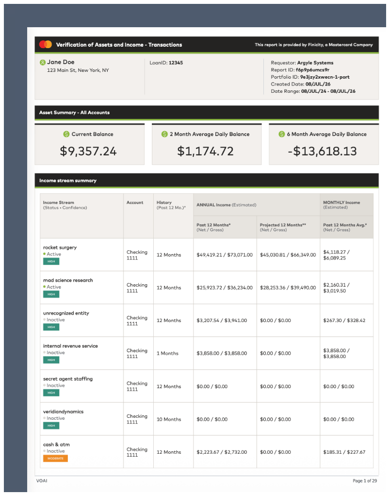Image of Verification of Assets & Income (VOAI) banking report.