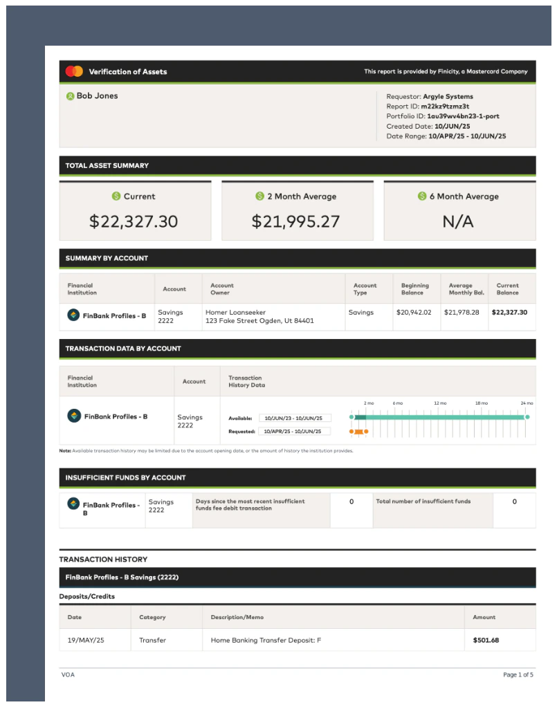 Image of Verification of Assets (VOA) banking report.