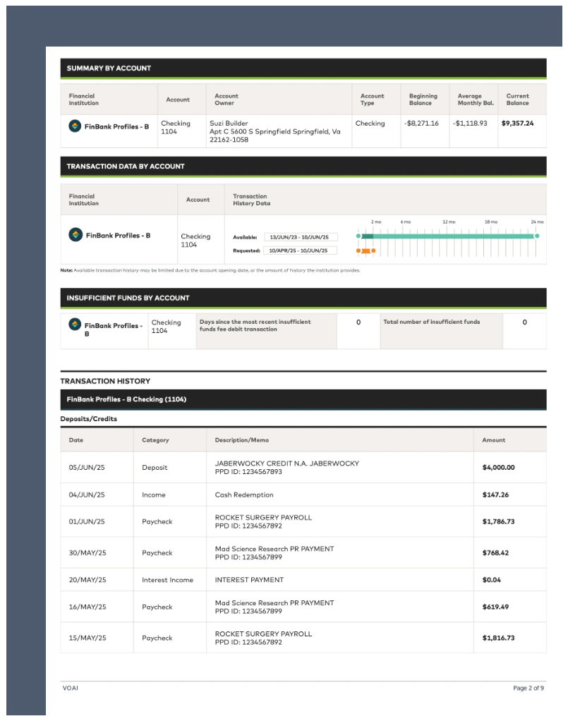 Image of Verification of Assets & Income (VOAI) banking report.