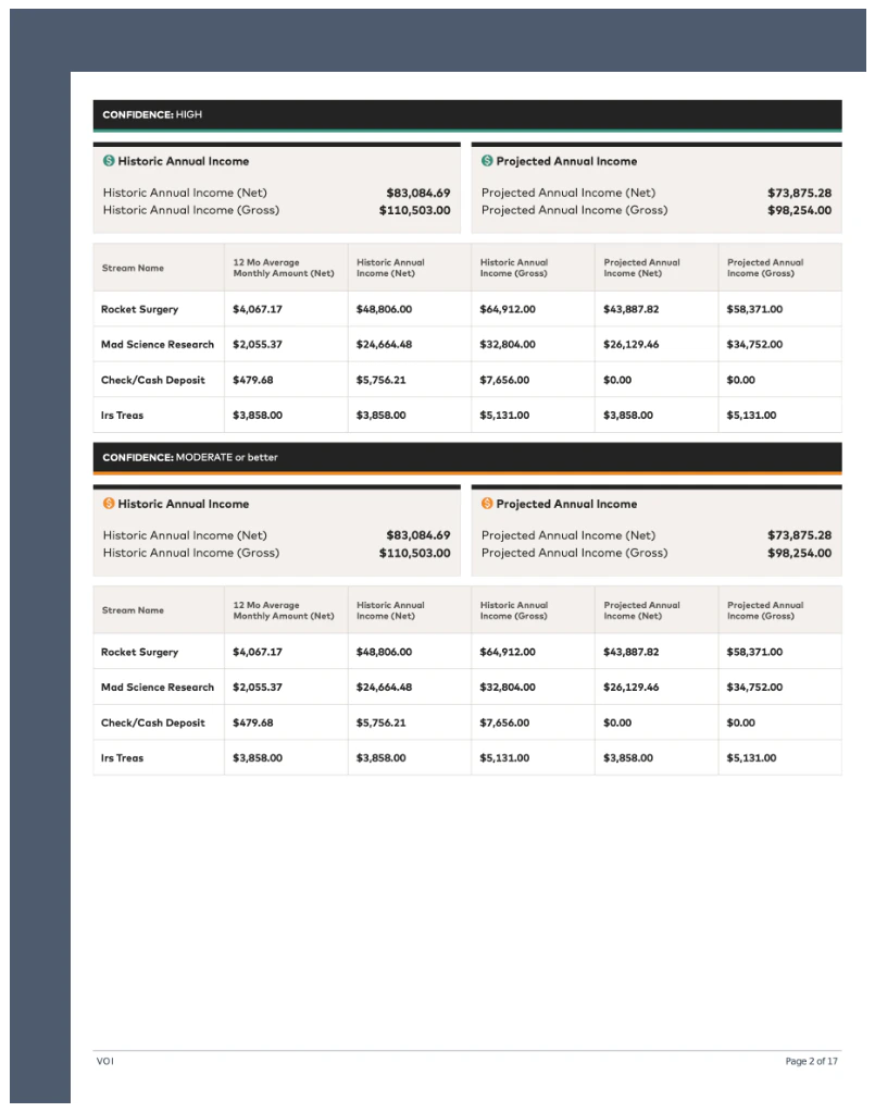 Image of Verification of Income (VOI) banking report.