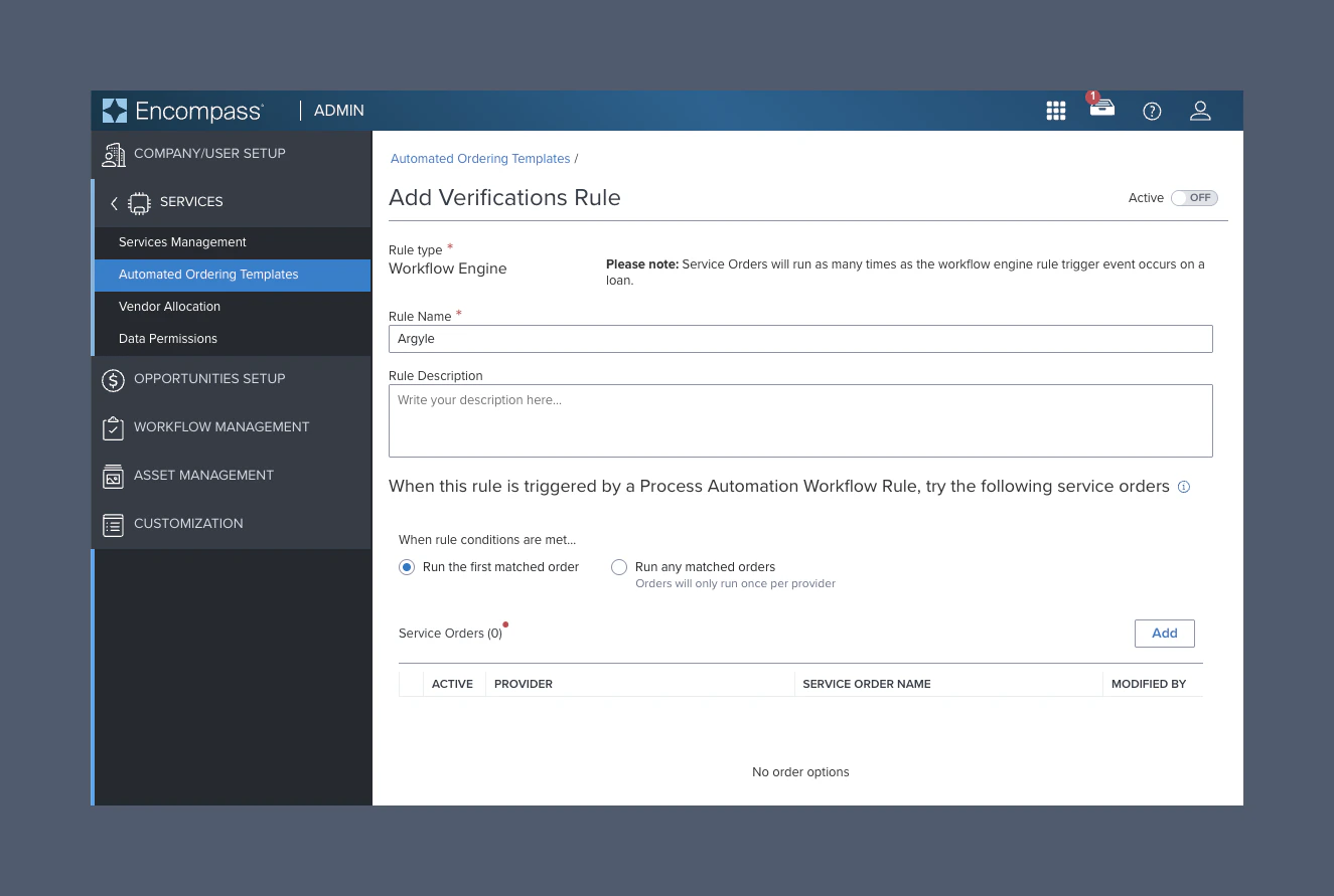 Create the automated verification service order and select Argyle as the provider.