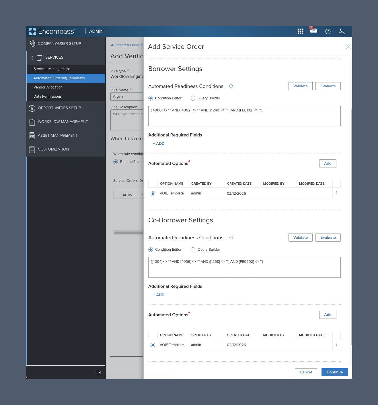 Add automated options for borrower and co-borrower settings, then continue to save the service order.