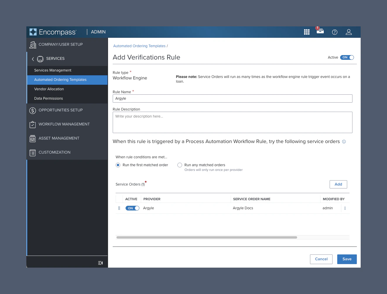 Save the automated service order after confirming it appears under Service Orders and both active toggles are enabled.
