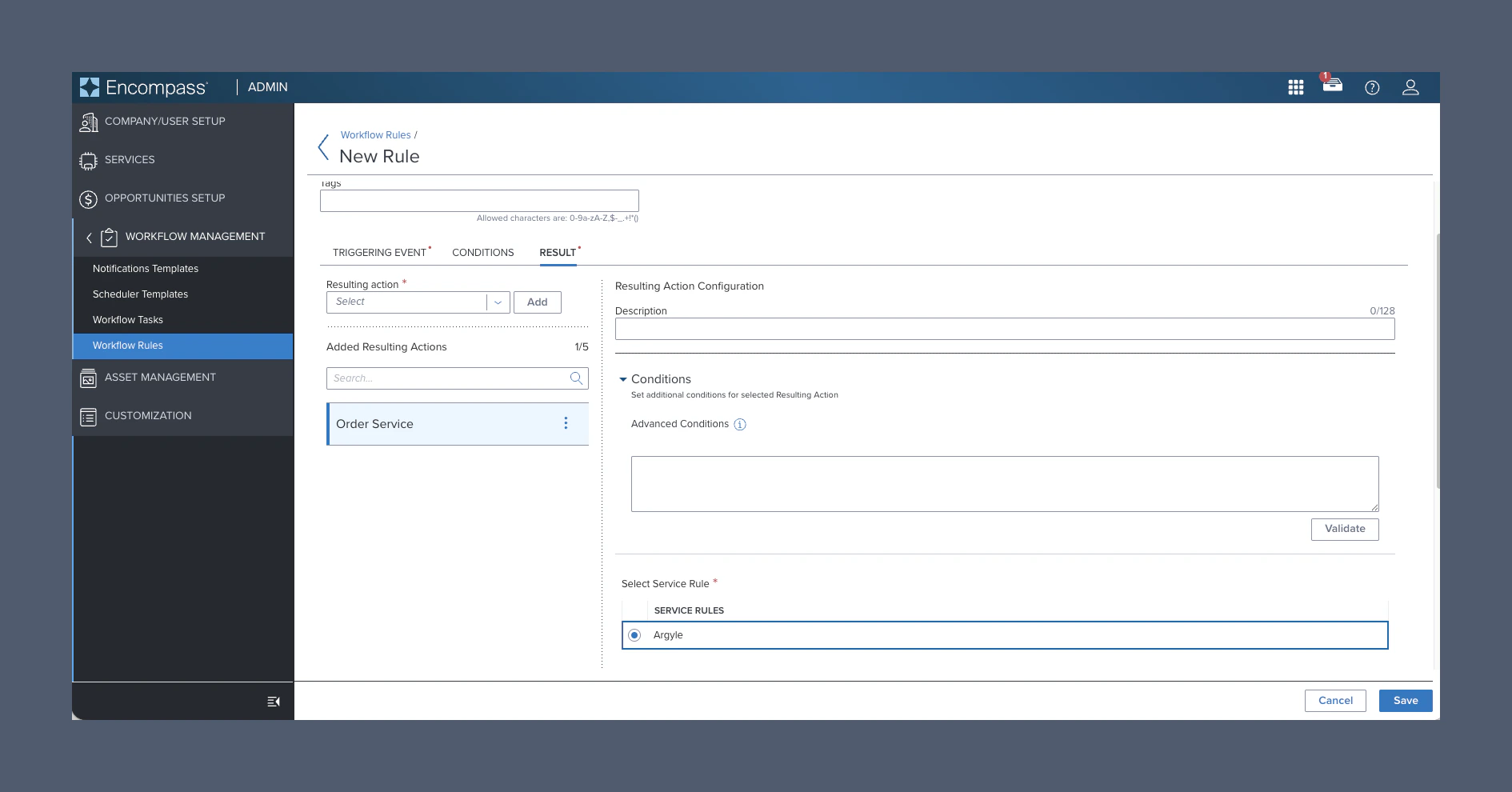 Select the service rule you created in the Result tab, then save the workflow rule.