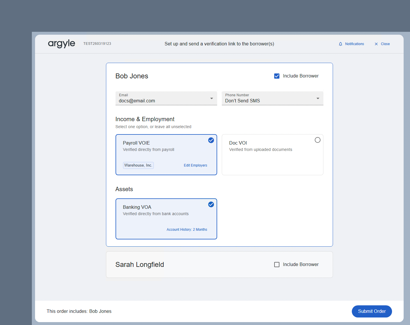 Select payroll-based Income & Employment and Assets for the borrower in the same Argyle order.