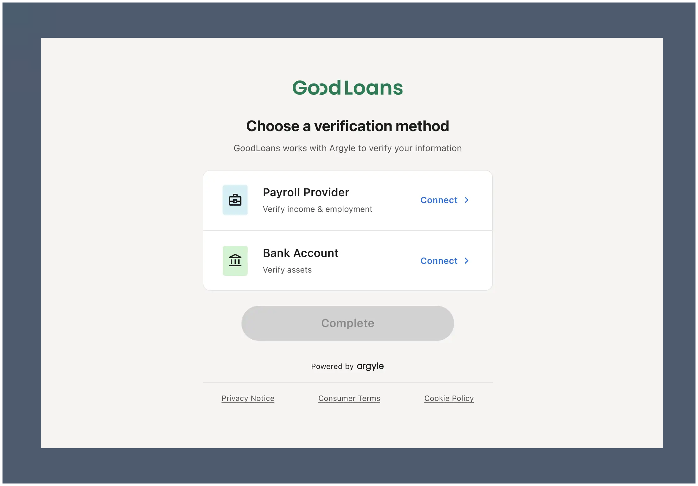 Borrower landing page listing the requested verification methods after selecting Verify Now.