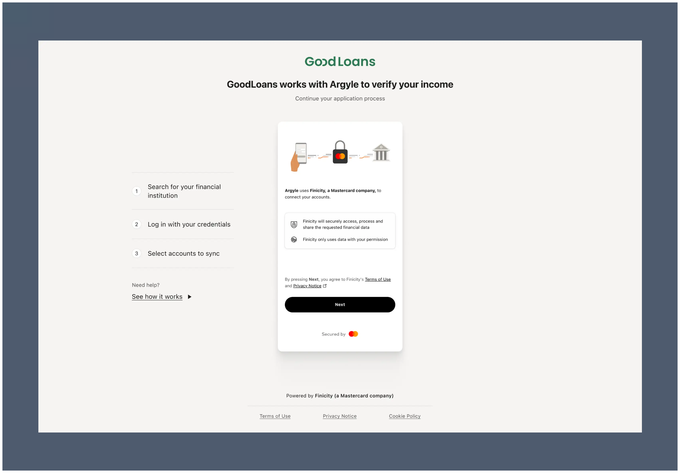 Borrowers connect assets through Mastercard Data Connect.