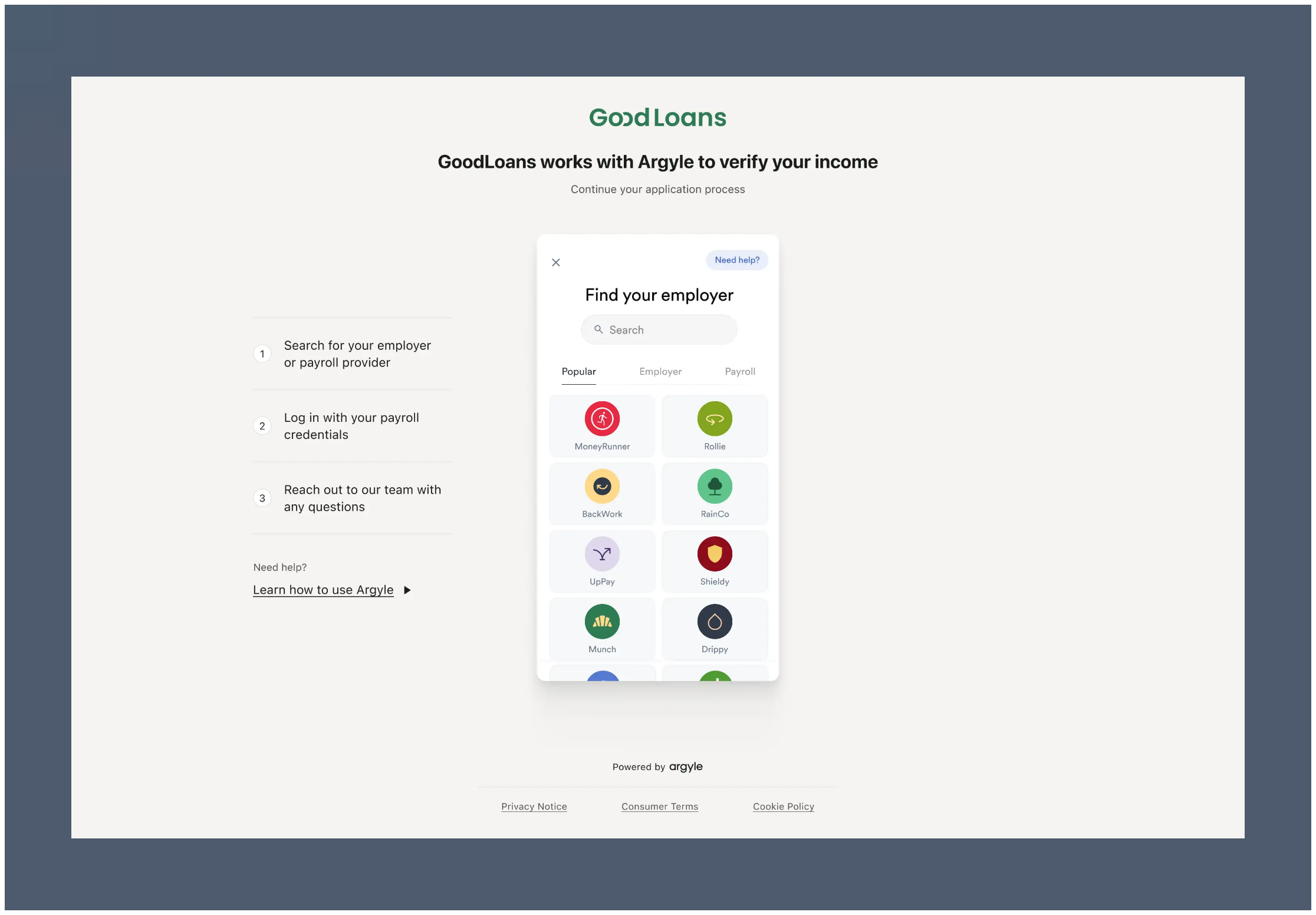 Borrowers are taken to Argyle's payroll connection experience after selecting Payroll Provider.