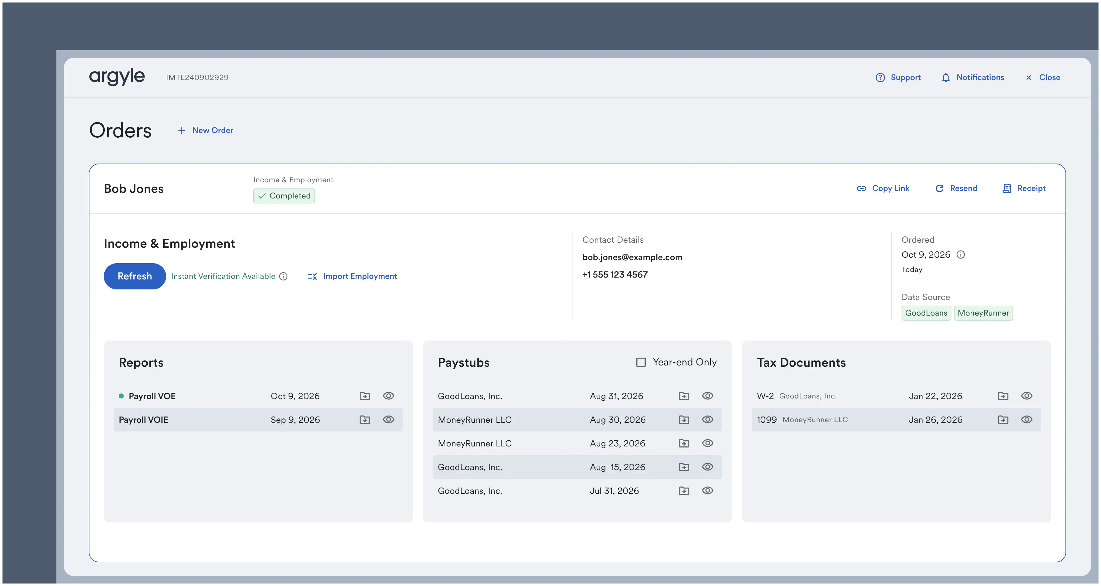 Instant Verification Available shown in green for ordering an updated closing verification.
