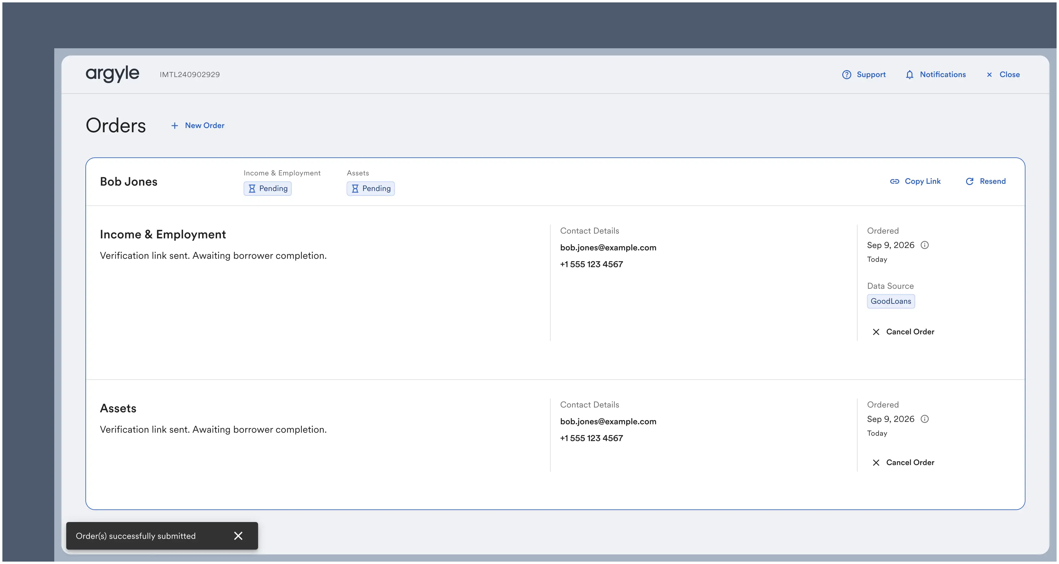 Verification order statuses shown next to borrower names in Encompass.