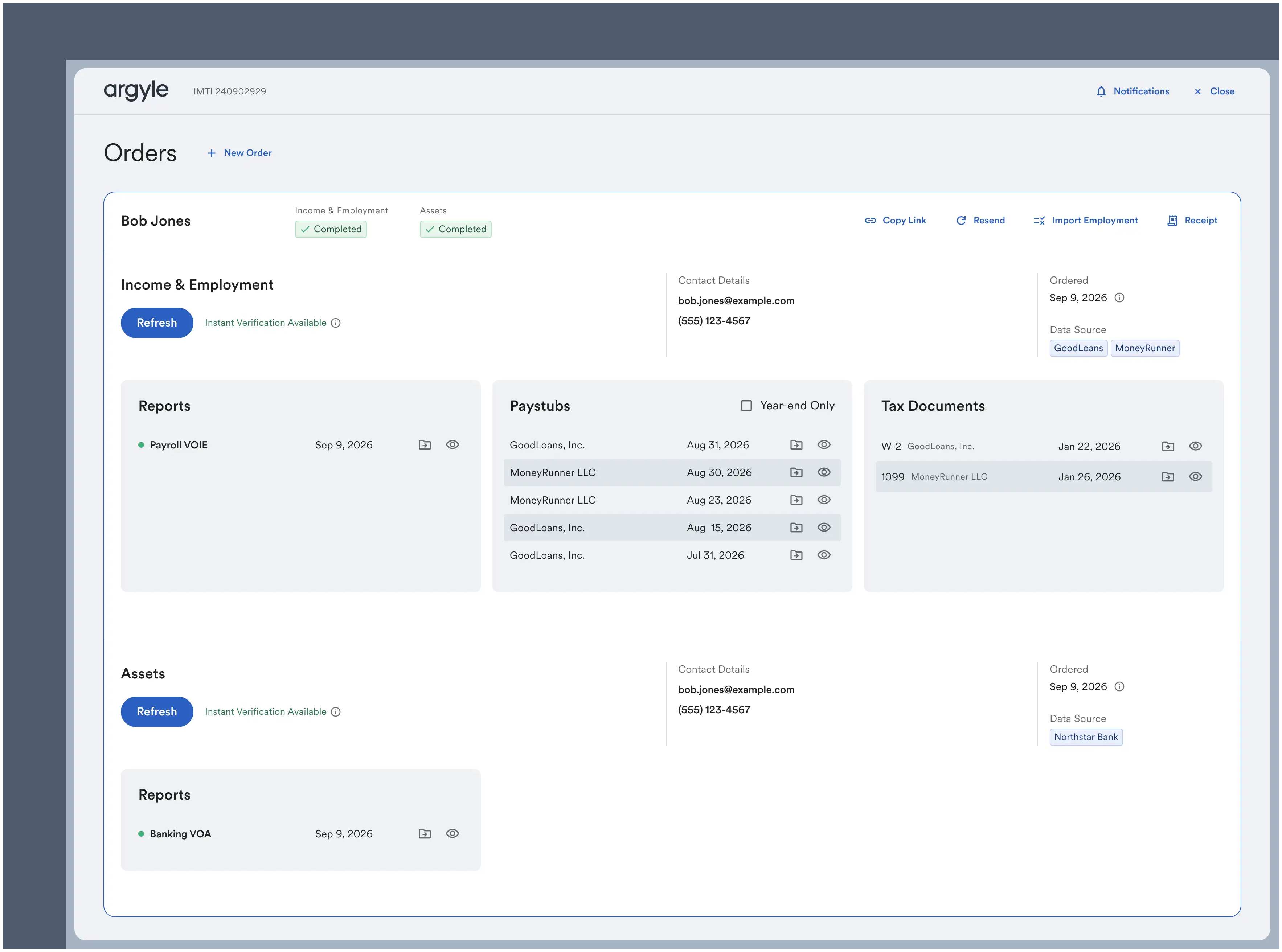 Review completed Income & Employment and Asset orders in the Argyle Encompass workflow.