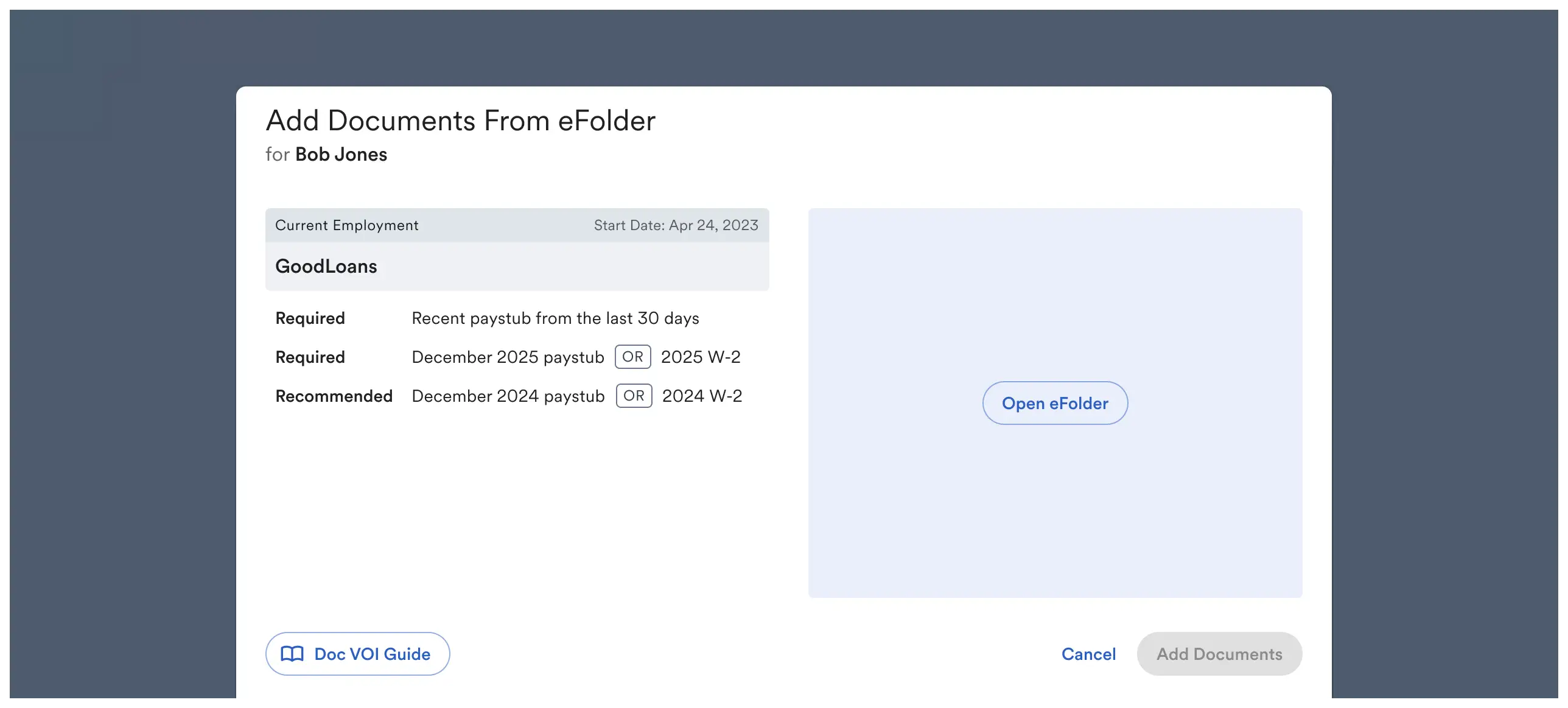 Instructions on which documents should be uploaded will be shown, alongside a button to open eFolder to select documents.