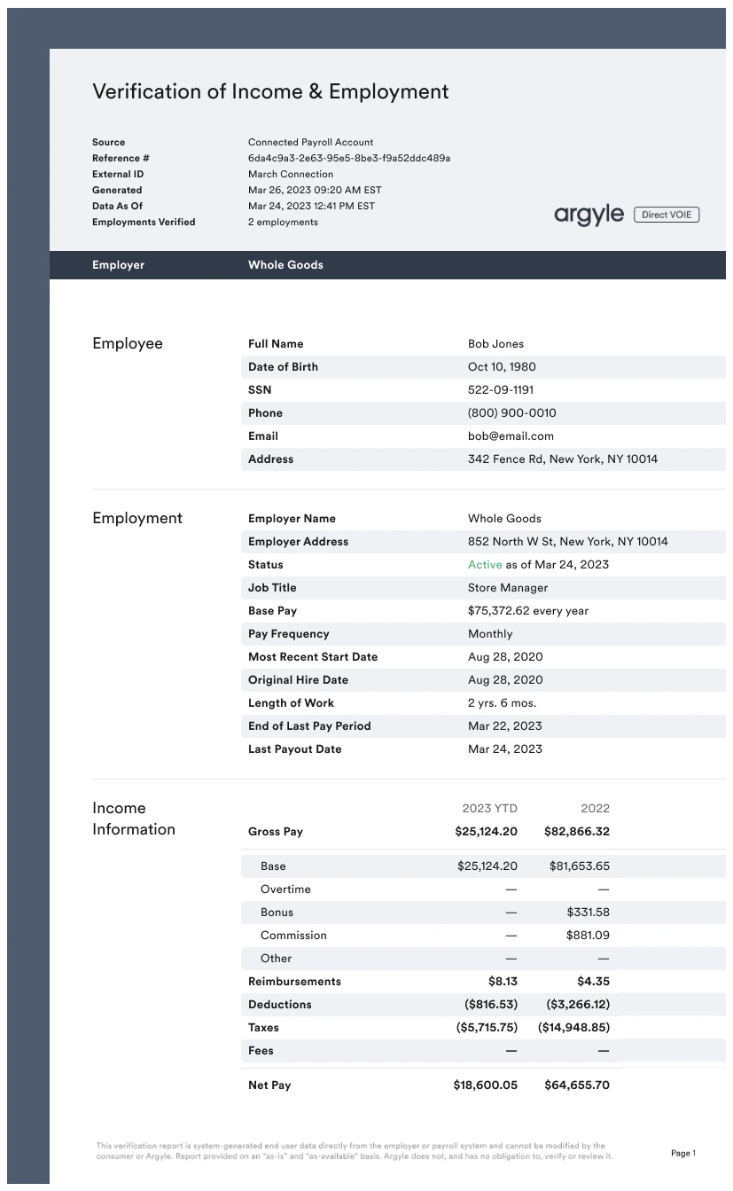 Image of Argyle's Verification of Income and Employment (VOIE) report.