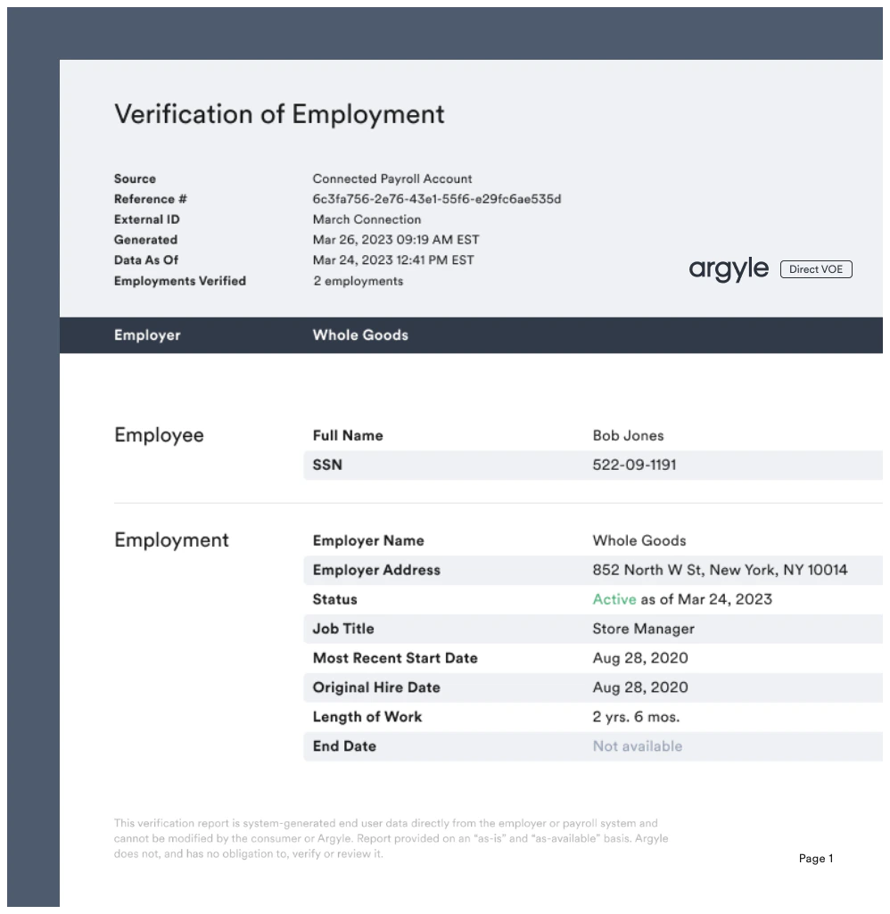 Image of Argyle's Verification of Employment (VOE) report.