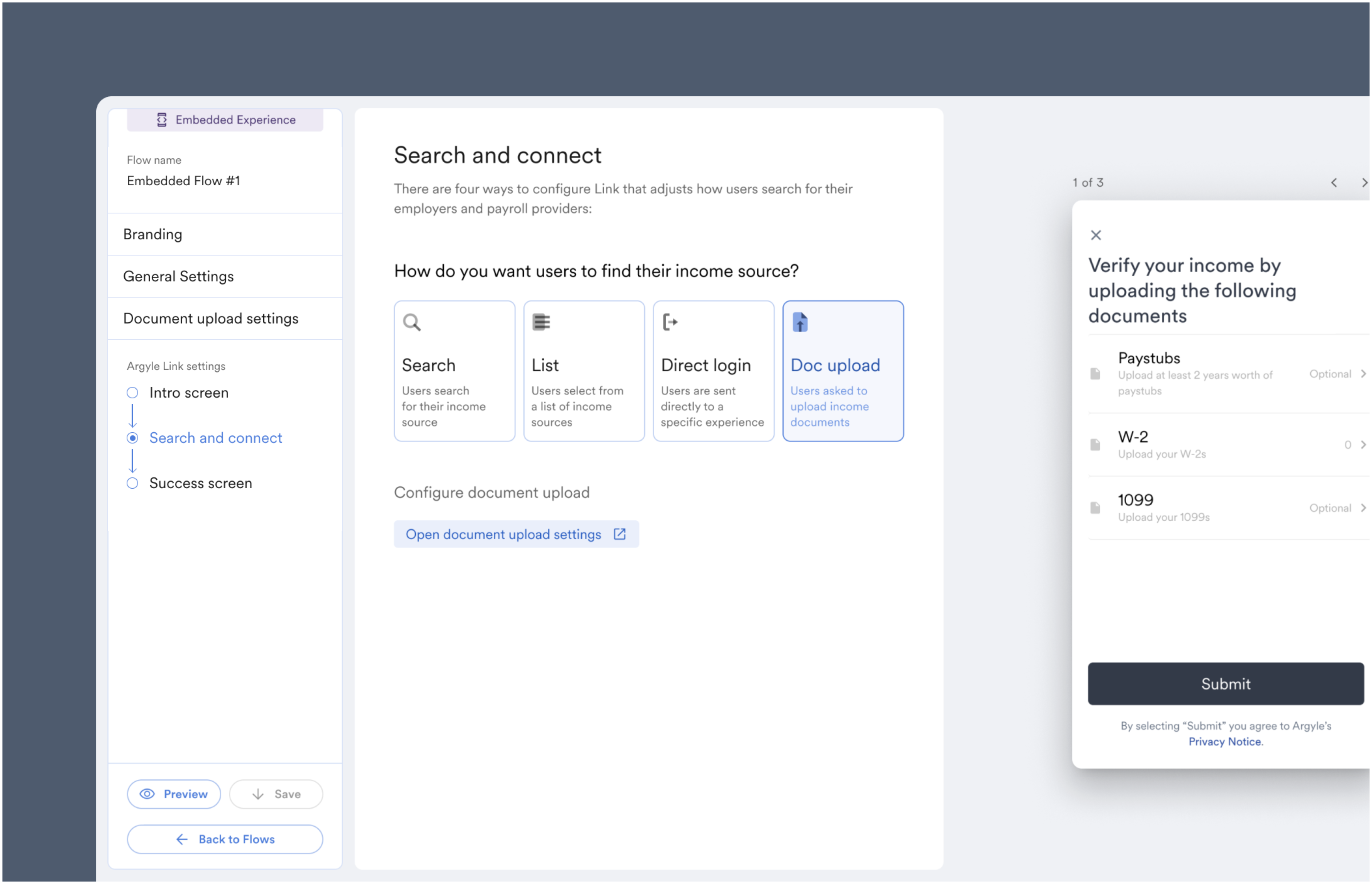 Select Doc upload in the search and connect tab when creating a Link flow customization.
