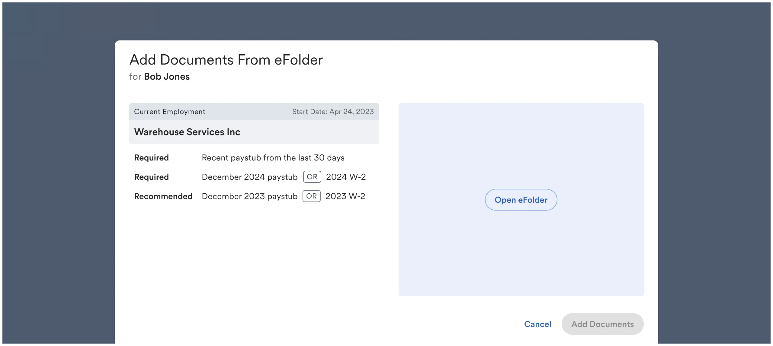 Instructions on which documents should be uploaded will be shown, alonside a button to open eFolder to select documents.