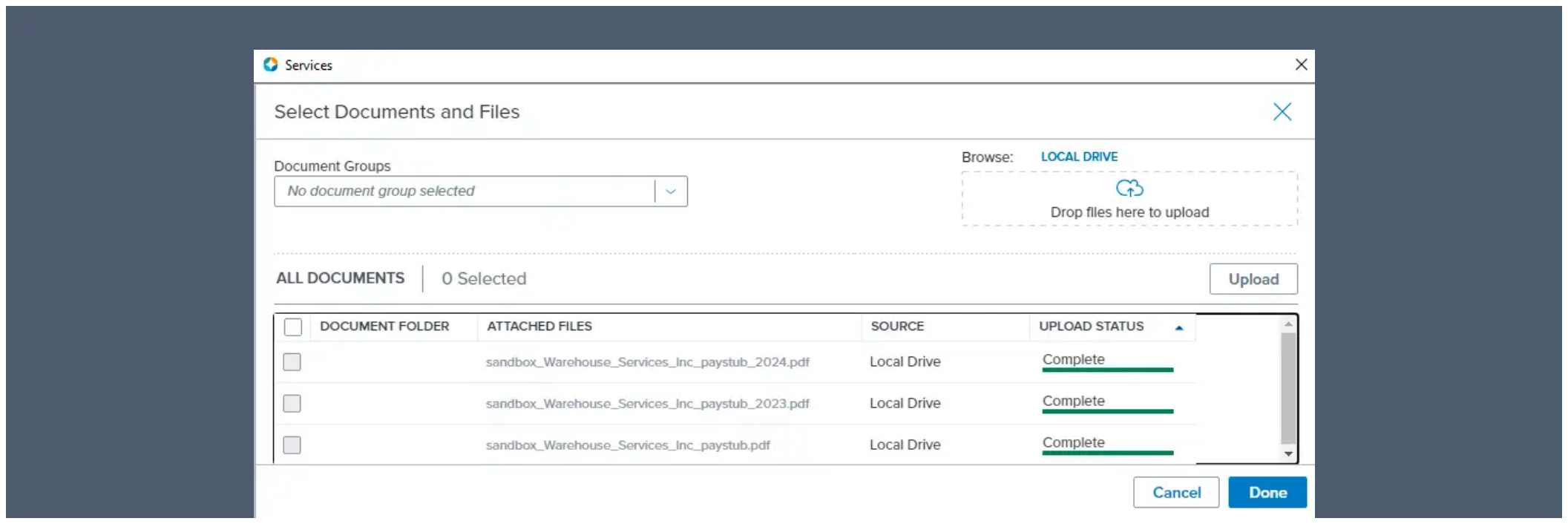 Select documents from eFolder or upload from your local drive.