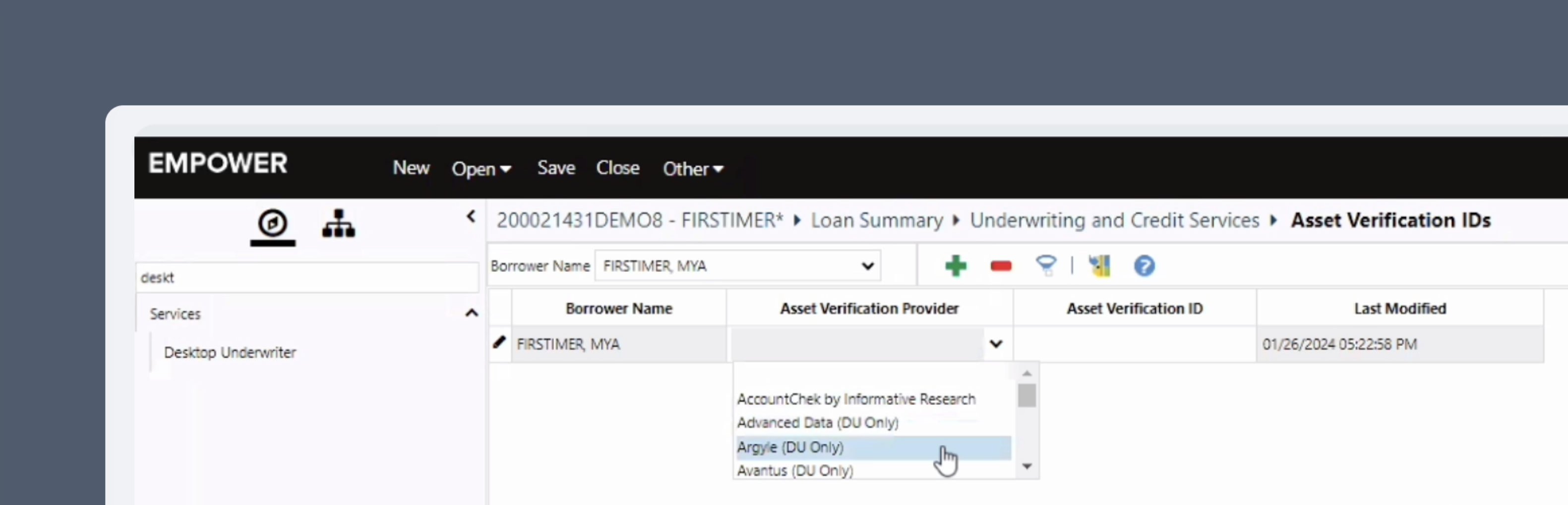Choose Argyle (DU Only) from the Asset Verification Provider dropdown, and then enter the DU reference number in the Asset Verification ID field.